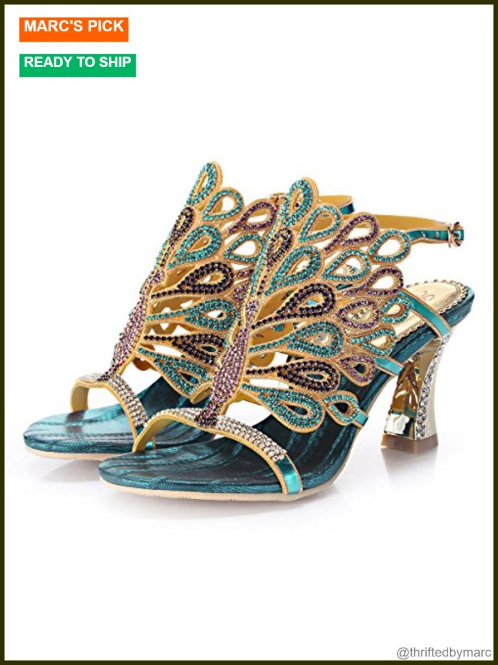 Handmade Rhinestone Peacock Patterned Chunky Heel Sandals